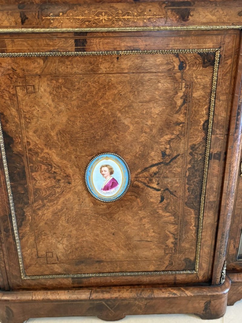 Outstanding Quality Antique Victorian Inlaid Burr Walnut Porcelain Mounted Credenza - Image 19